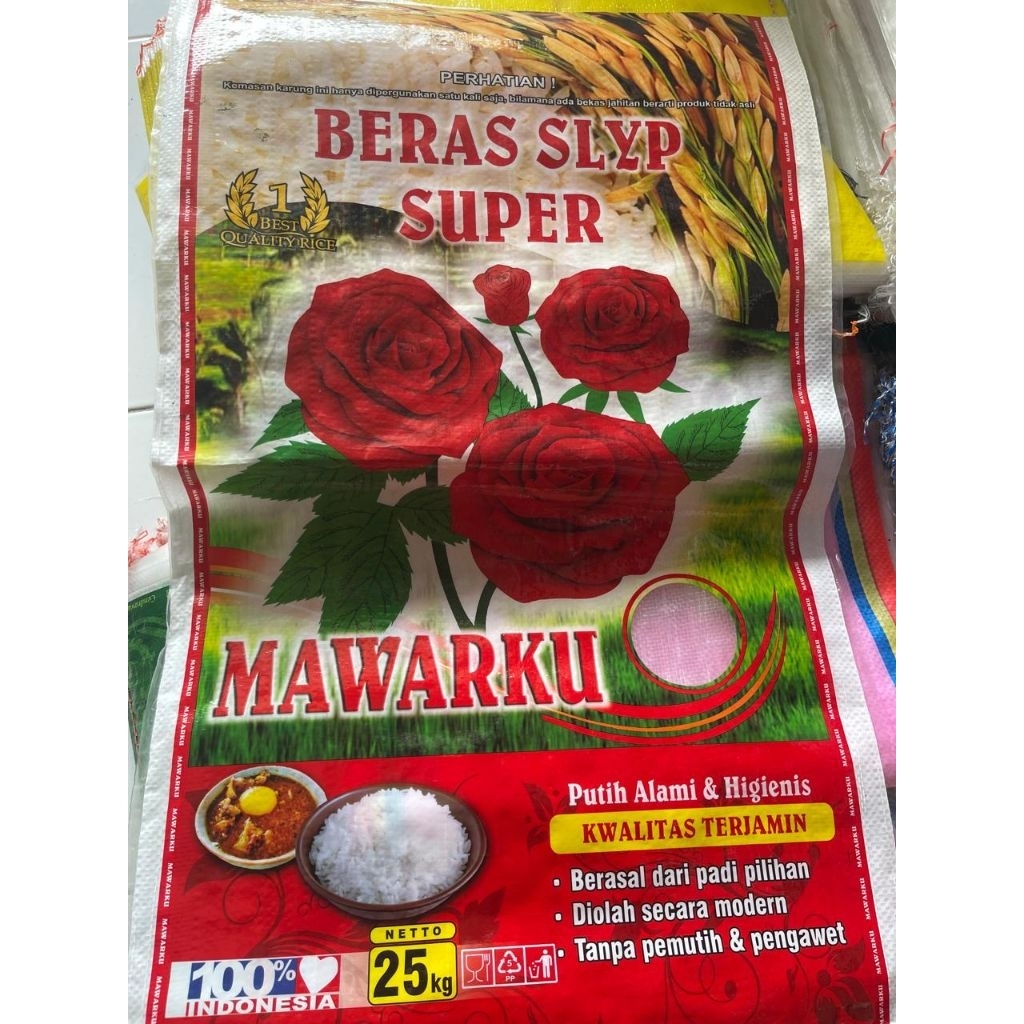 karung beras ukuran 25kg cap mawarku