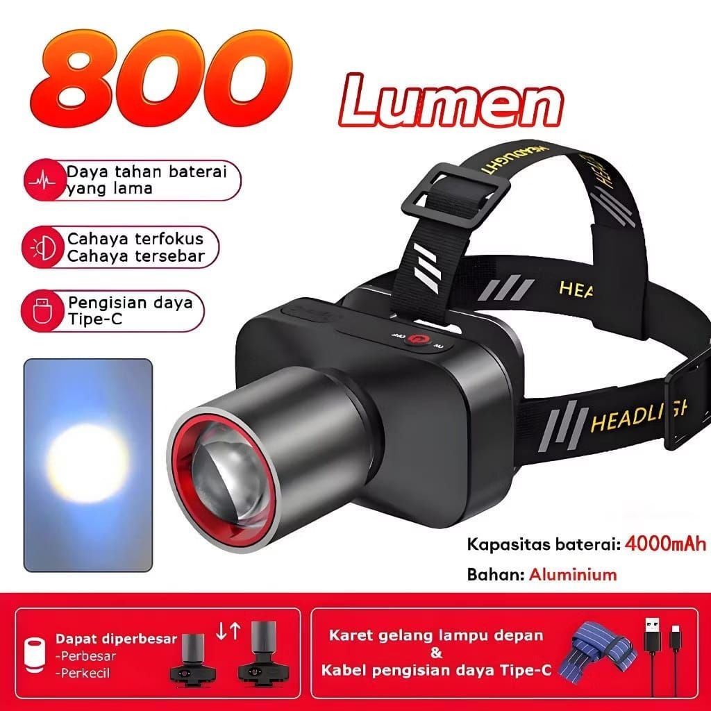AK-3675A  SENTER KEPALA ZOOM 60W PRO 1000 LUMEN - TAHAN LAMA - ZOOM JARAK JAUH