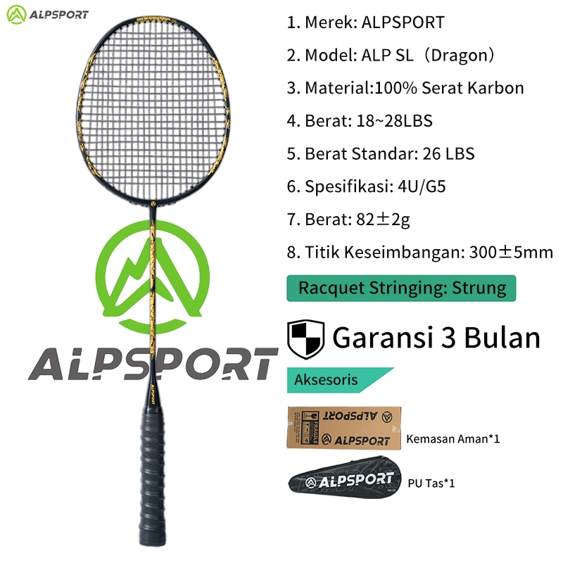 ALPSPORT SL Dragon Teknik Patung Relief Raket Emas Hitam Dirangkai 4U 26LBS Raket BuluTangkis Ofensi