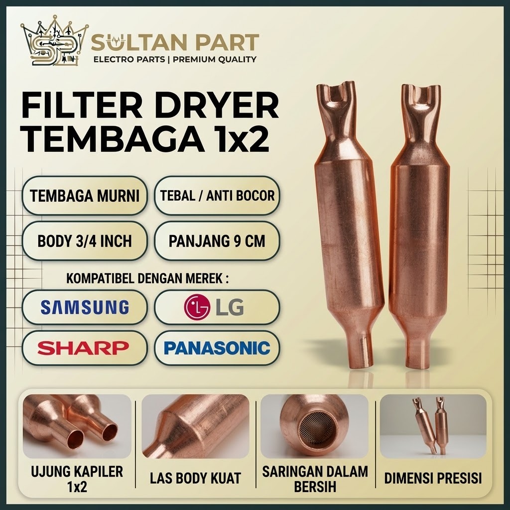 Filter Dryer Kulkas Tembaga Murni 1x2 Panjang 9cm Body 3/4 Inch Anti Bocor Presisi