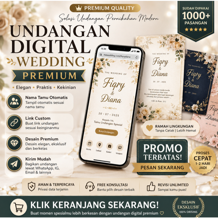 Undangan Digital Pernikahan Online | Nama Tamu Otomatis | Desain Elegan Premium | Kirim via WhatsApp