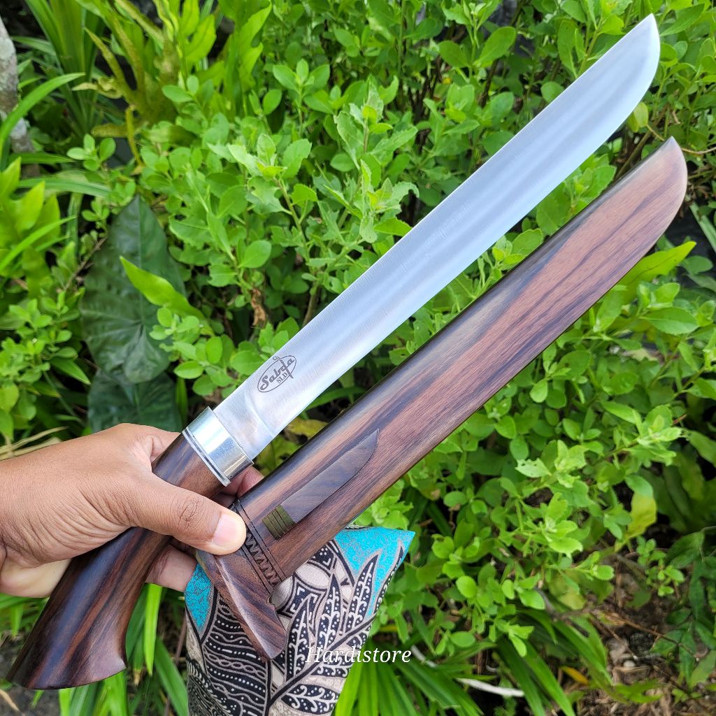 Pisau Sembelih 32,7 cm Baja Modern SLD Hitachi Japan, Kayu Amara Ebony bonus Sarung Kain Batik