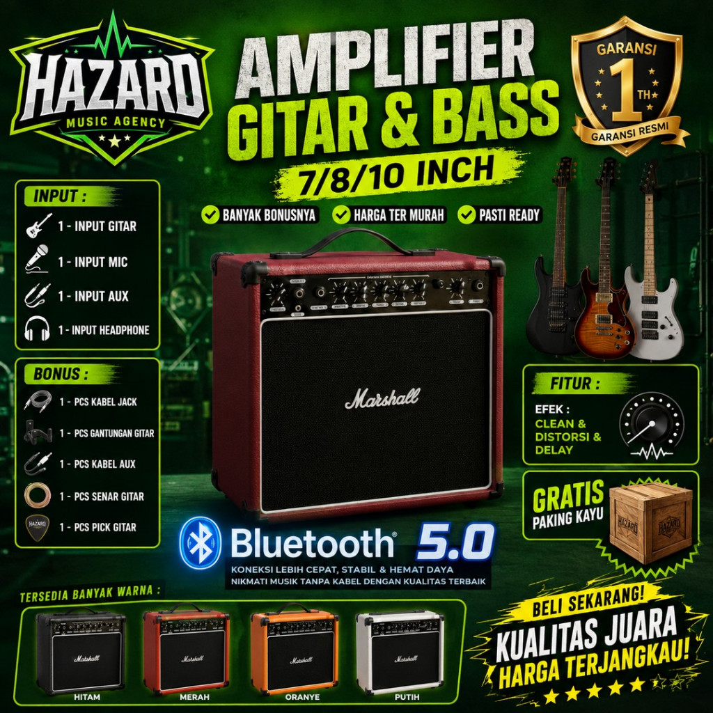 Ampli gitar & bass 8 Inch 3 input bluetooth bisa untuk karaoke ada efek distorsi delay merah