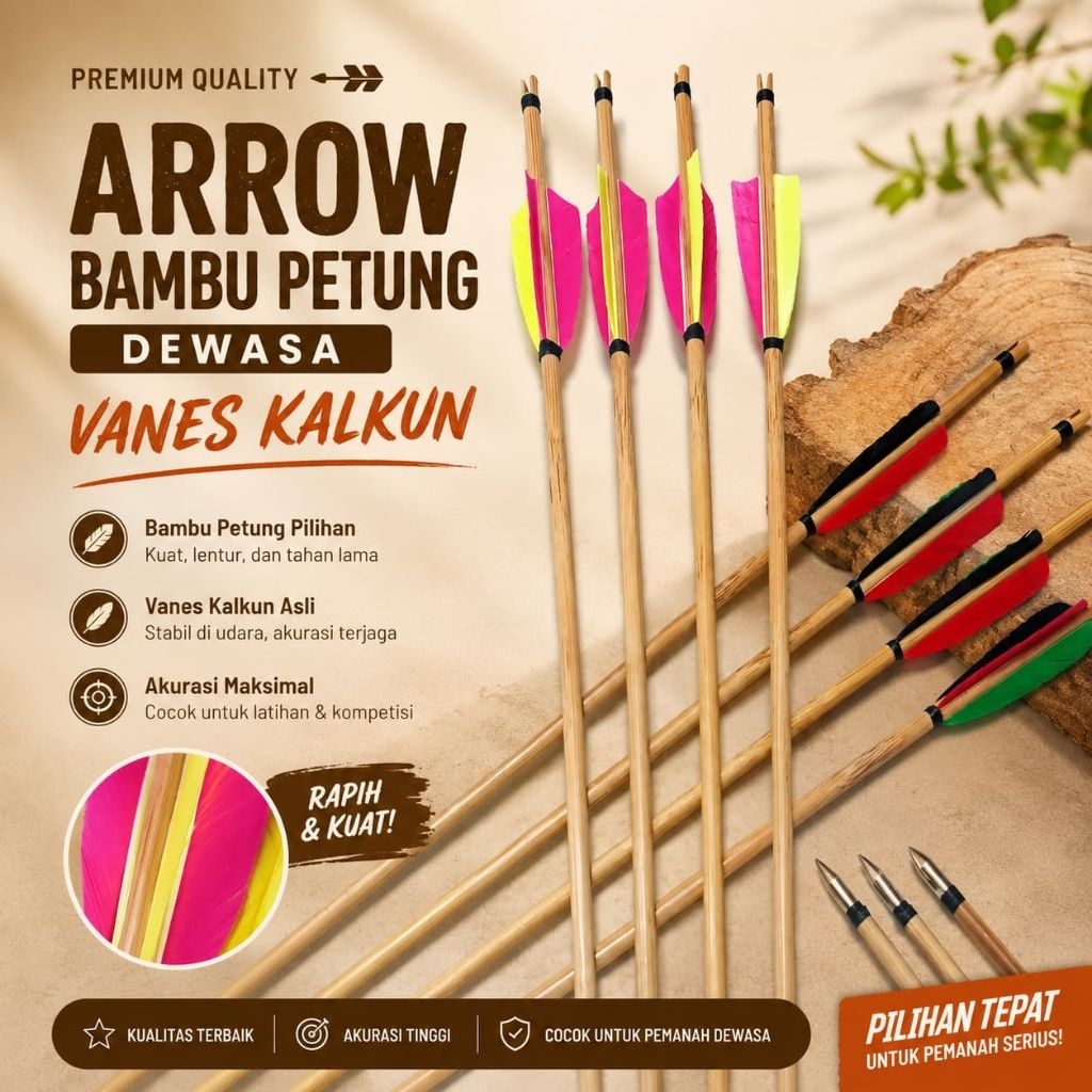 Arrow Bambu Petung 7Mm Dewasa Vanes Kalkun Import Olahraga Panahan Tradisional