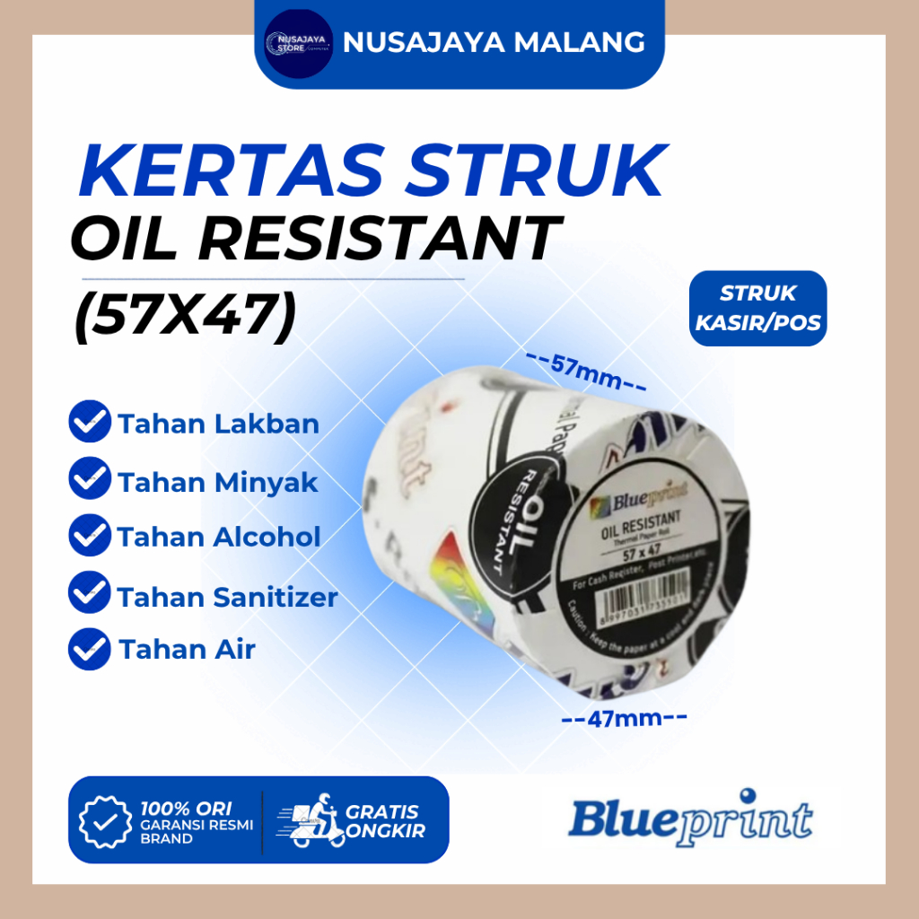 Kertas Thermal / Kertas Kasir Struk BLUEPRINT 57mmx47mm Oil Resistant