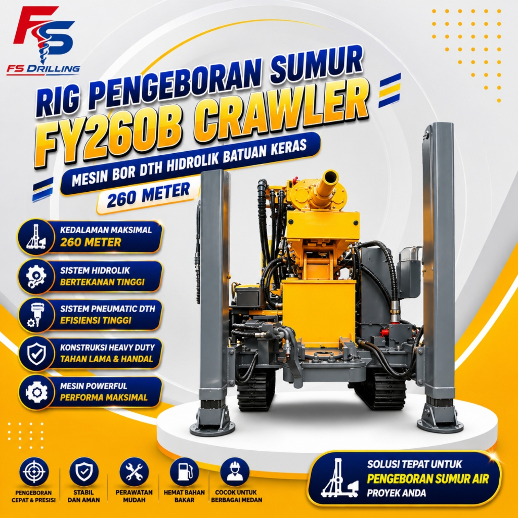 Mesin Bor Sumur Air FY260B Crawler DTH Rig Hidrolik Untuk Pengeboran Batuan Keras Maks 260 Meter Uni