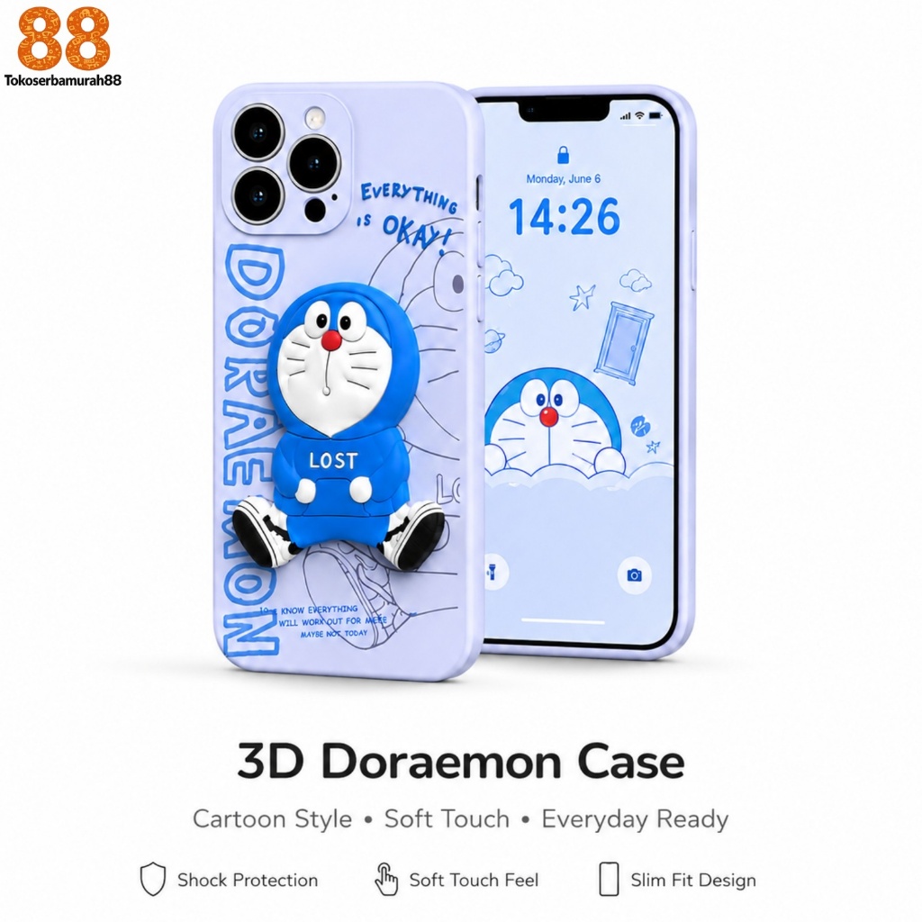 3D Case Doraemon Iphone 13 12 11 Pro Max Mini X Xr Xs Max SoftCase Lucu