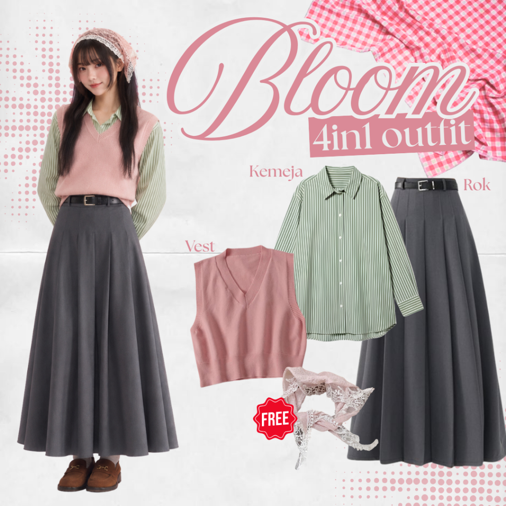 Bloom 4in1 One Set Strawberry Matcha Outfit Korean Style (Kemeja Stripe, Vest Rajut, Rok, Scarf) DRL