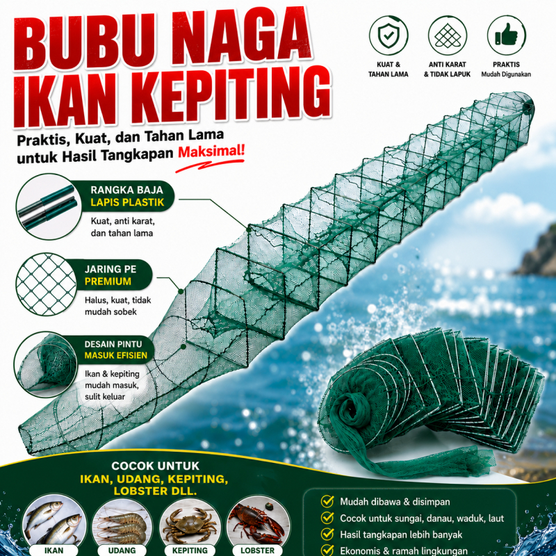 BUBU NAGA Ikan Udang Lobster Persegi Bubu Kepiting Model Naga Lipat Baja Lapis Plastik Anti Karat Pe