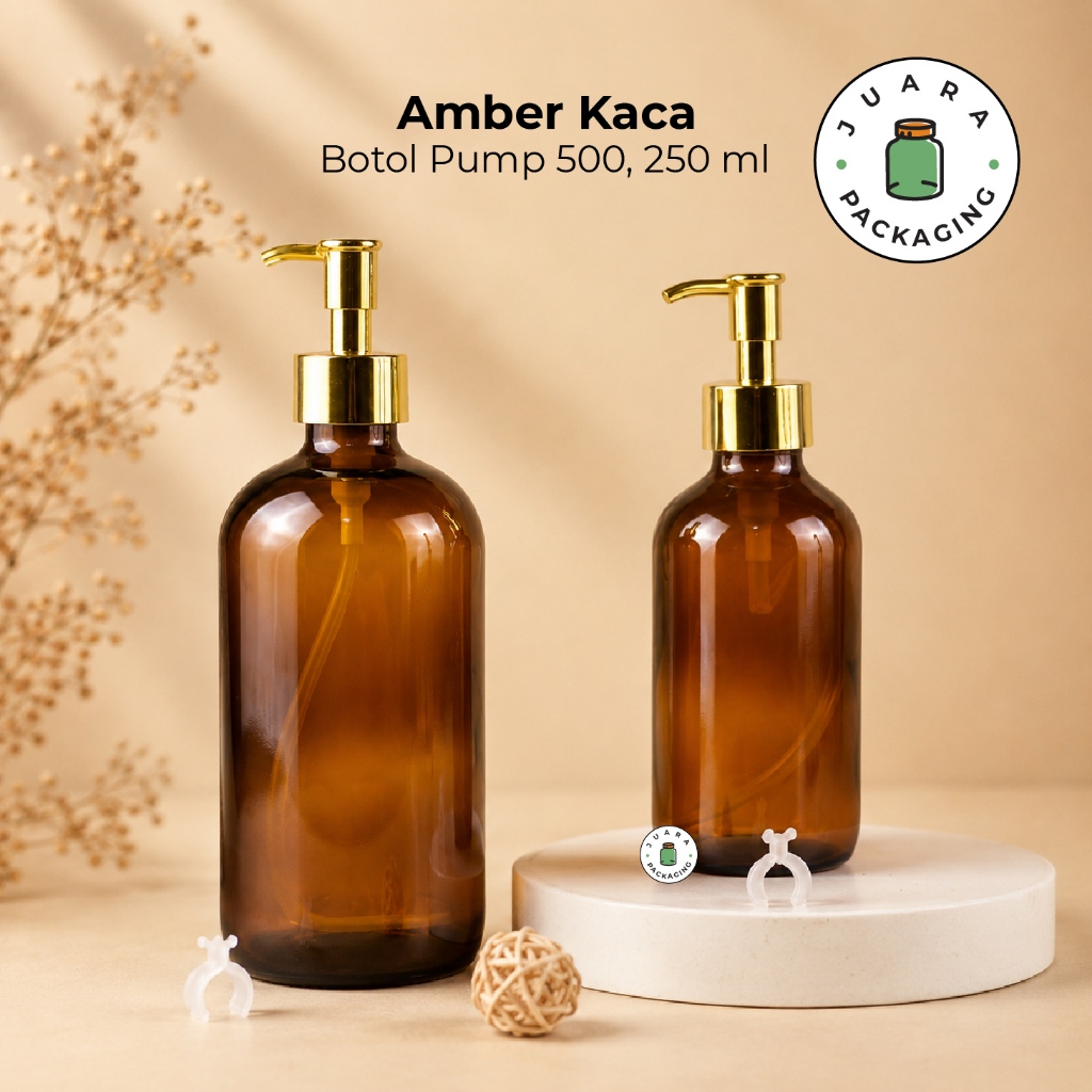 Botol Kaca Amber Coklat Pump GOLD 500ml 250ml – Wadah Sabun Cair Lotion Shampoo Skincare Minyak Arom