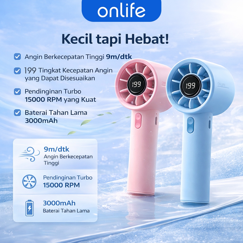 Onlife Mini Kipas 3000mAh Mini kipas Strong Wind 199 Gear Wind Digital Display Adjustable Adjustable