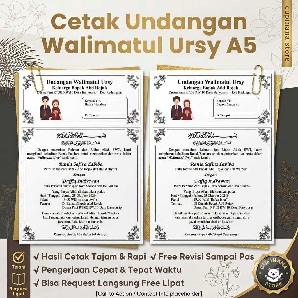 Cetak Undangan Walimahan / Walimatul Ursy - Hitam Putih - Free Lipat
