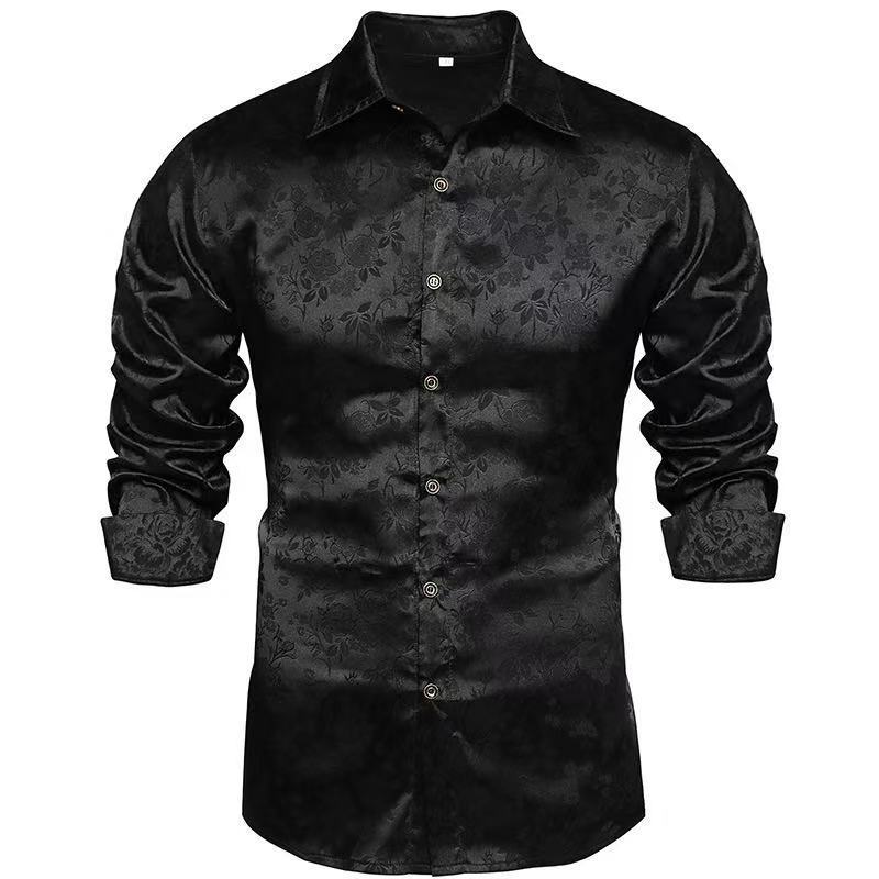 Men's silk satin dress shirt jacquard long sleeved floral button up shirt party dance wedding shirt