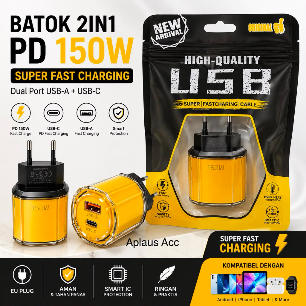 Batok / Adaptor Charger P48 Transparan 2in1 USB-A + Type-C Fast Charging | Adaptor Dual Port Android IOS | Smart IC Protection | EU Plug