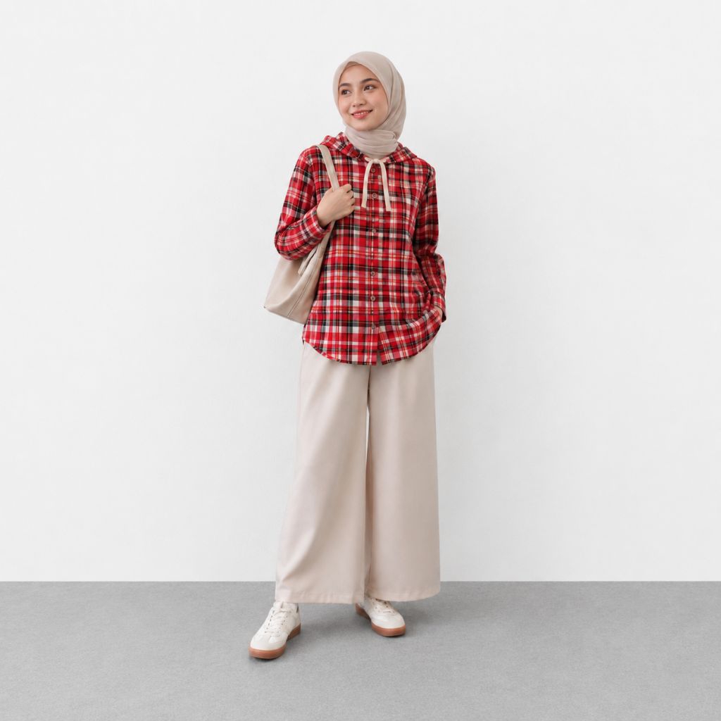 Kemeja Flanel Hoodie Wanita Lengan Panjang - Kemeja Wanita A Line Lengan Panjang Flanel Kotak Kotak 