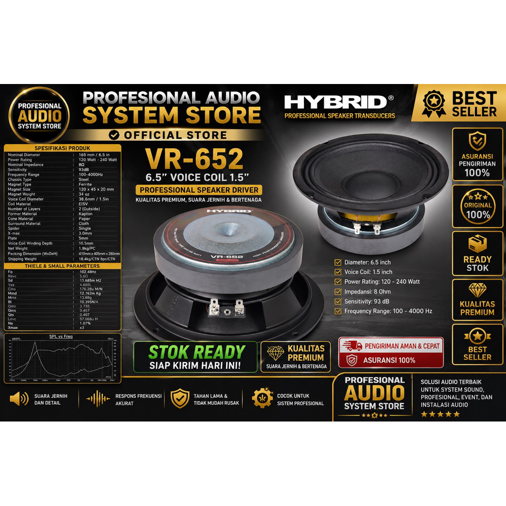 SPEAKER KOMPONEN HYBRID 6,5INCH VOICE COIL 1,5INCH VR652 VR-652 VR 652 ORIGINAL RESMI HYBRID