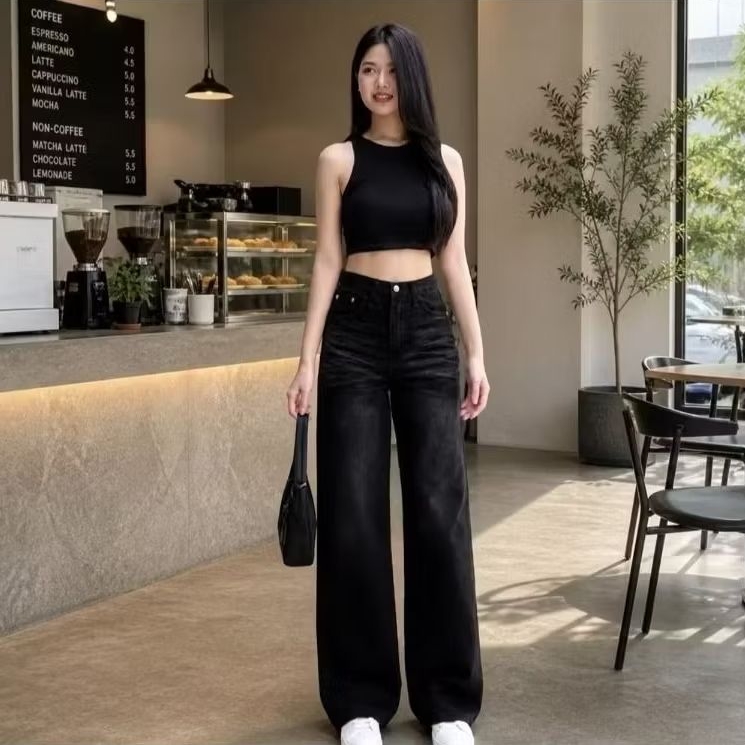 Celana Skena  Highwaist Loose Buggy jeans wanita kekinian