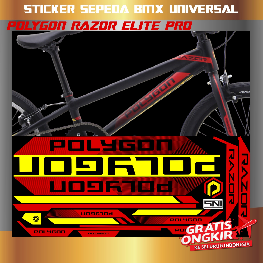 Stiker Sepeda BMX Universal Polygon Razor Elite Pro Merah Hitam Kuning Motif Sporty