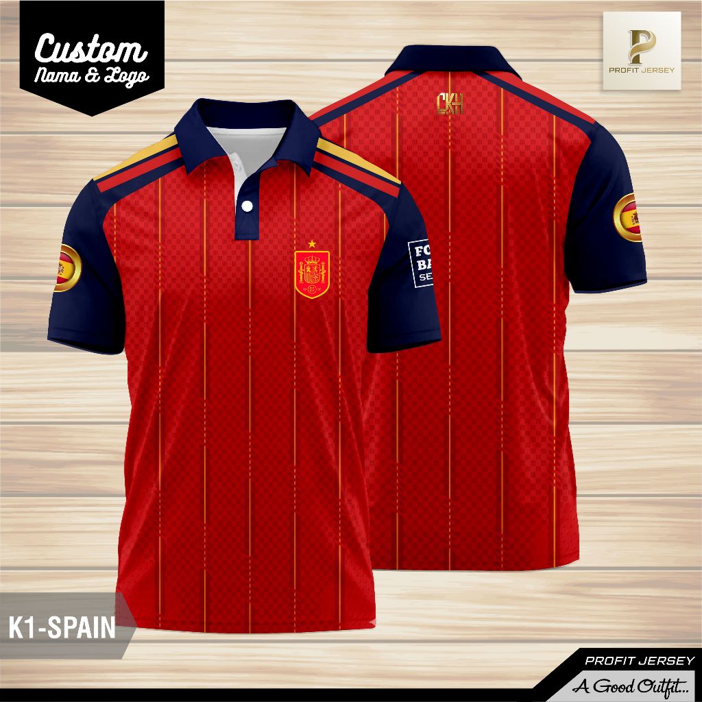 Jersey Spanyol Custom Nama & Logo Kaos Polo Kerah Baju Bola Spain Full Print K1-SPAIN/Kaos Polo Jers