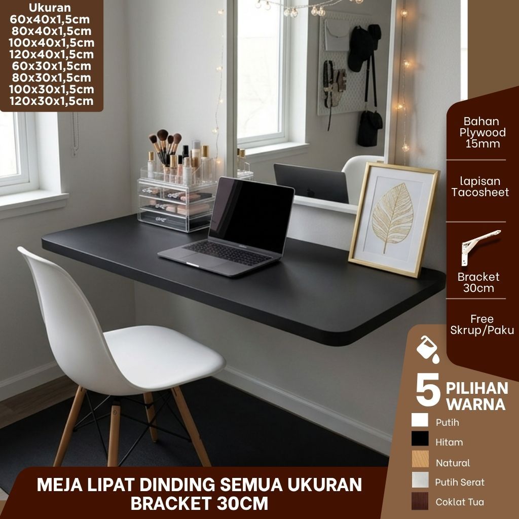 Meja Lipat Dinding Minimalis Tebal 15mm | Meja Komputer Meja Laptop Meja Belajar Meja Kerja Meja Bac