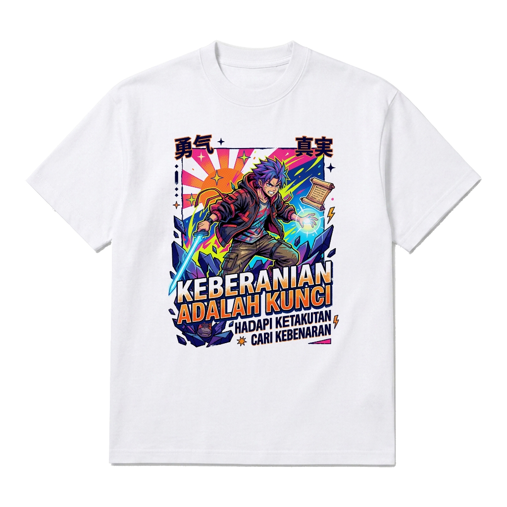 Saubhagya Kaos Anime Vintage 90s Bootleg Keberanian Kunci Regular Fit Putih