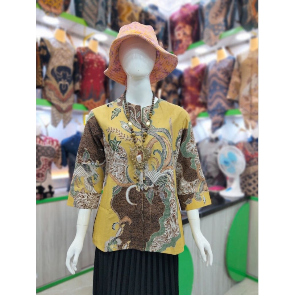 Blouse Batik Atasan Wanita Qistina batik Bahan Katun motif Kuning Bianca model kancing depan sudah l