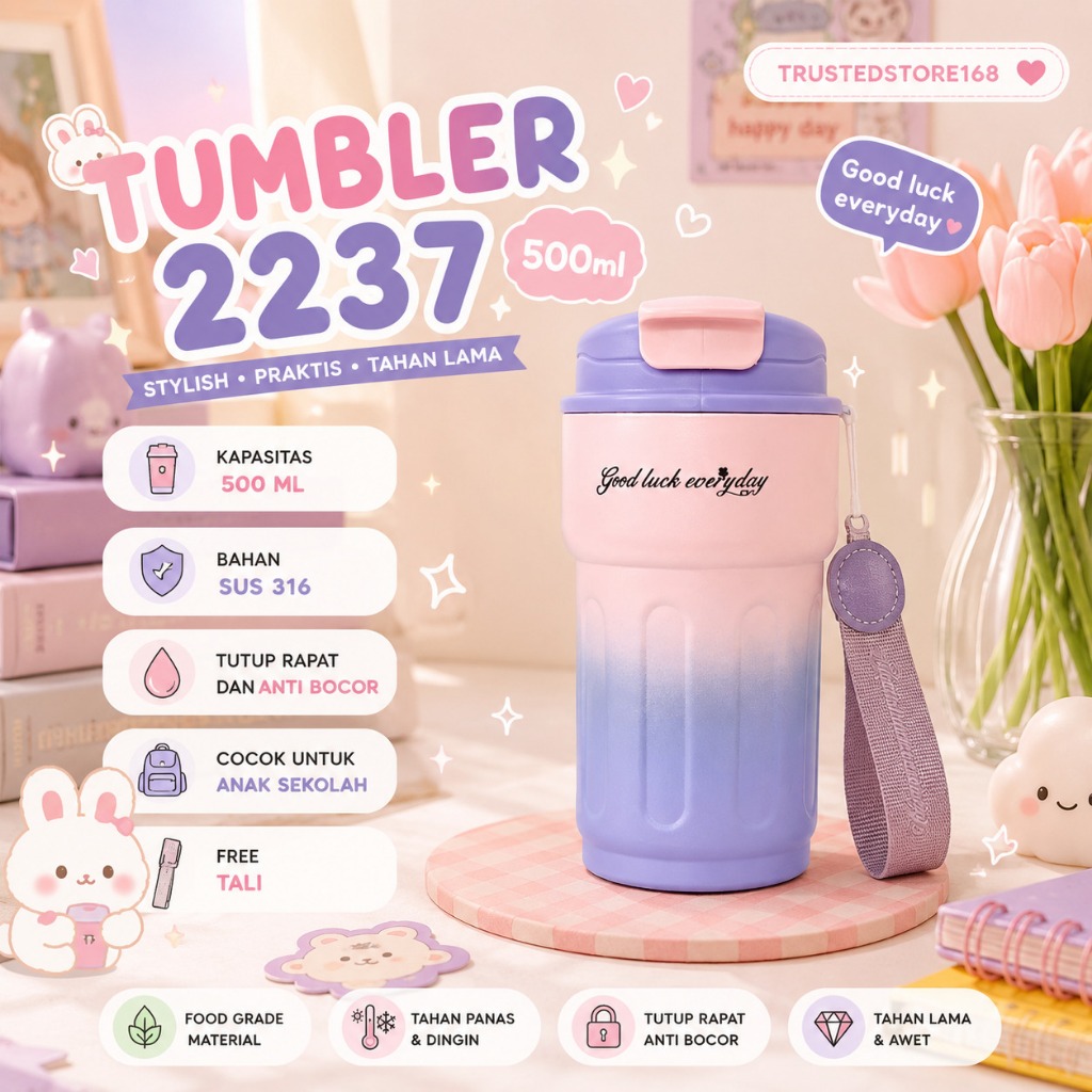 UNIQQSO Tumbler Stainless 500ml 2237 / Botol Minum Mode Teguk + Led & Gantungan / Mug Stylish & Prak