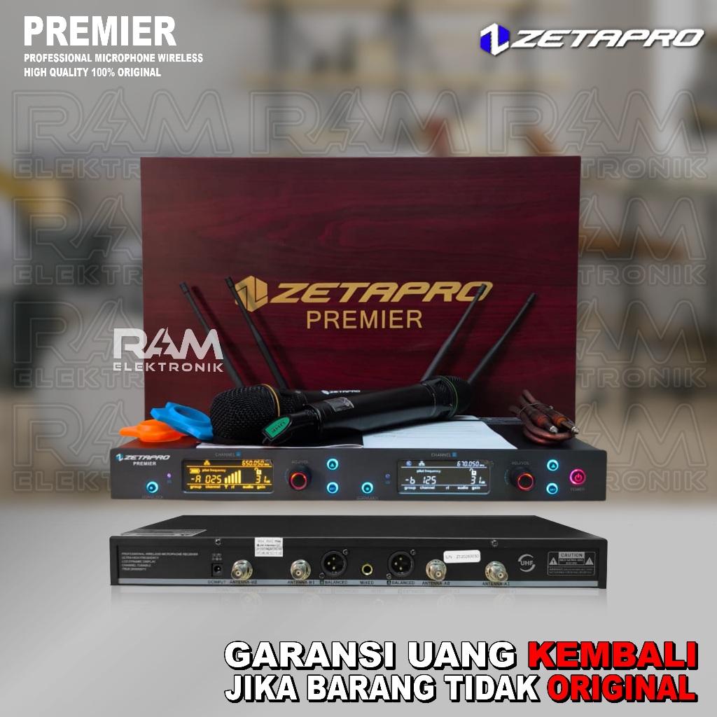 Microphone Wireless ZETAPRO PREMIER Handheld Original Jarak 250M Box Kayu Elegant