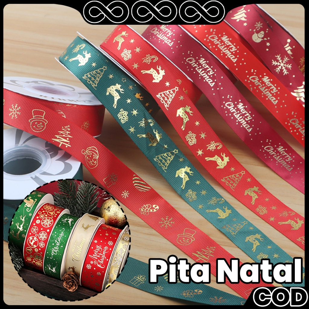 23m x 2.5cm Pita Kado Natal Emas Motif Merry Christmas Ribbon Natal Hampers Pita Christmas Untuk Dek
