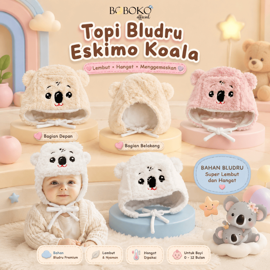 Topi Bayi Bulu Tutup Telinga Koala / Musim Dingin / Topi Bayi Bludru Eskimo Koala Series