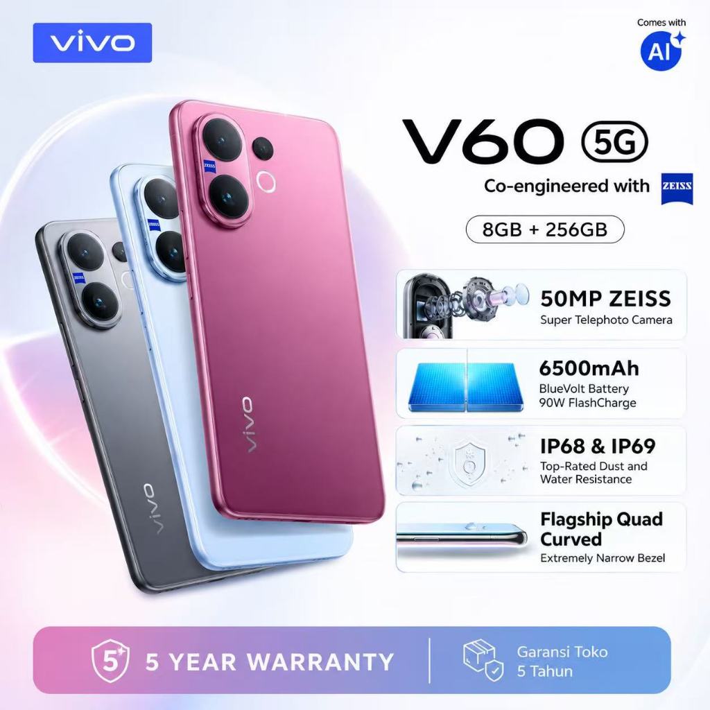 Vivo V60 5G 8GB+256GB HP 5G AMOLED Kamera 64MP Fast Charging Dual SIM Smartphone Global Version Gara
