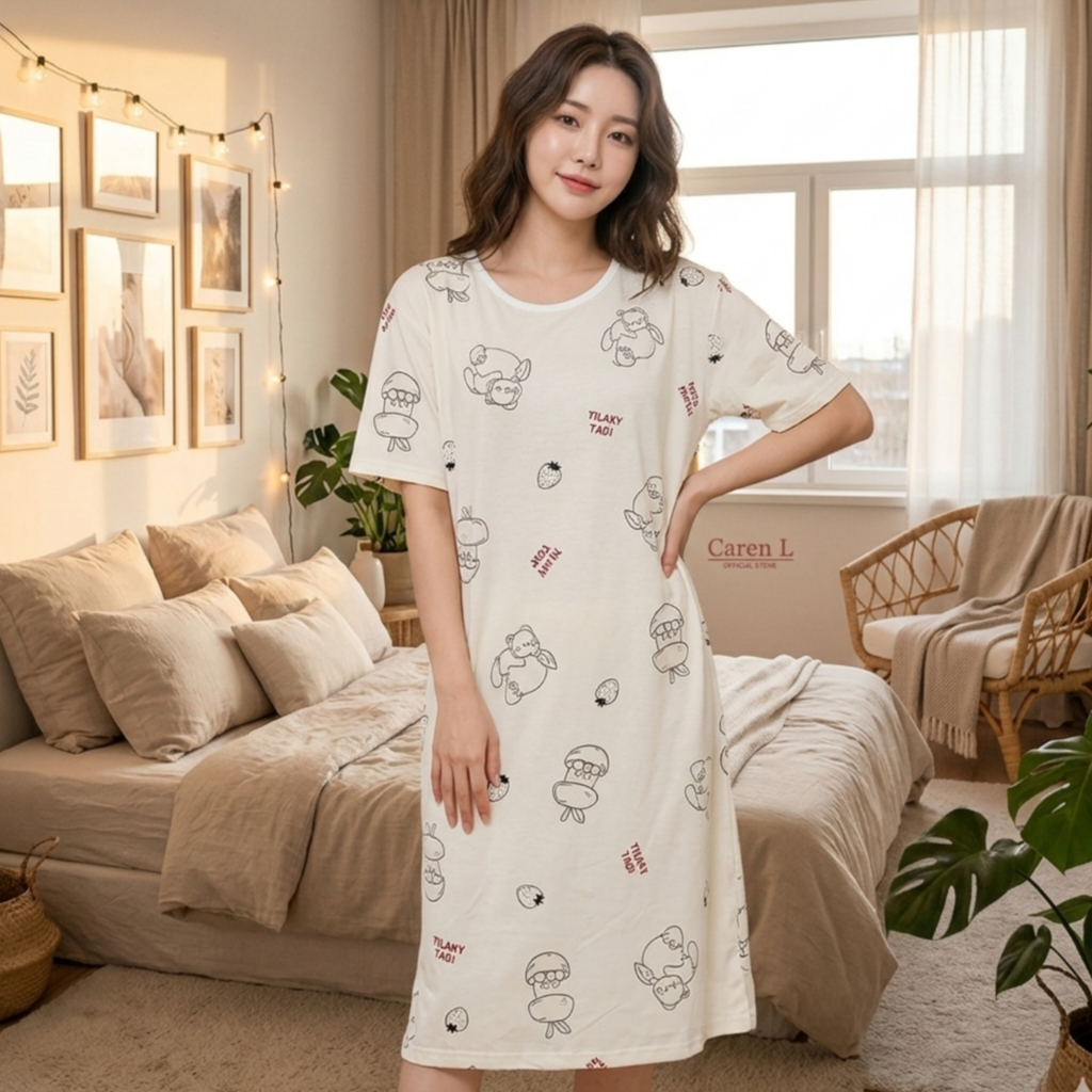 Daster Kaos Korean style | Daster Santai Wanita Cantik Kekinian Catty Mini Cream | Teman Tidur Nyama
