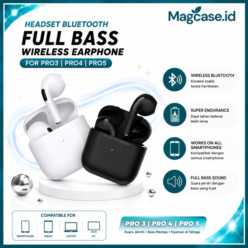 Magcase- Gratis Ongkir TWS Pro4 Pro5 Pro6 Headset Bluetooth Full Bass HI-FI Audio Olahraga Tahan Air