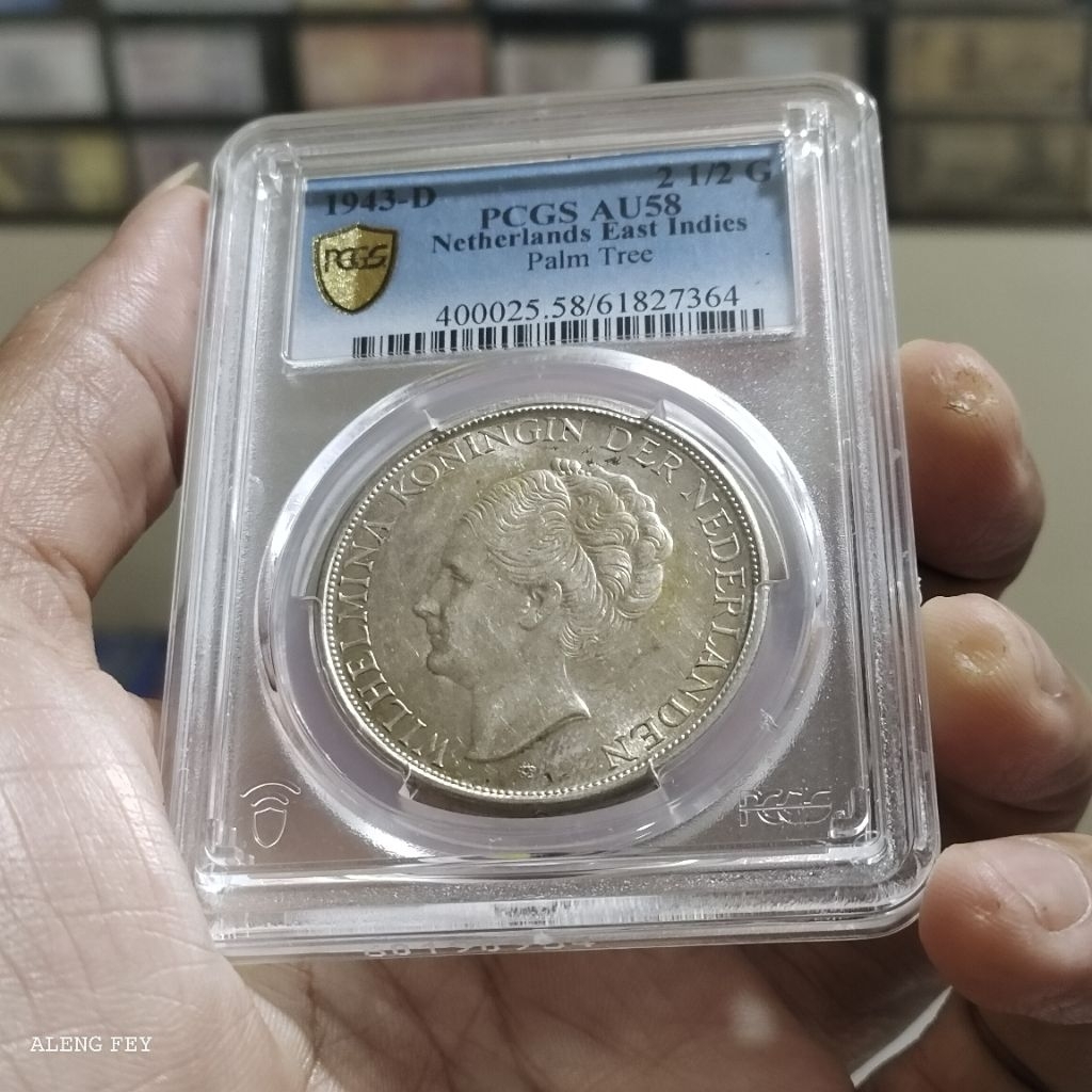 koin perak 2,5 Gulden 1943 wilhelmina Pcgs Au58