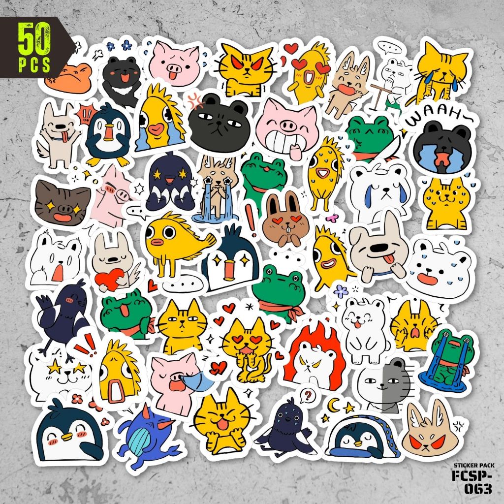 50 Pcs Stiker Pack Karakter Emote Binatang Doodle Lucu Vinyl Anti Air Aesthetic untuk Laptop, Motor,