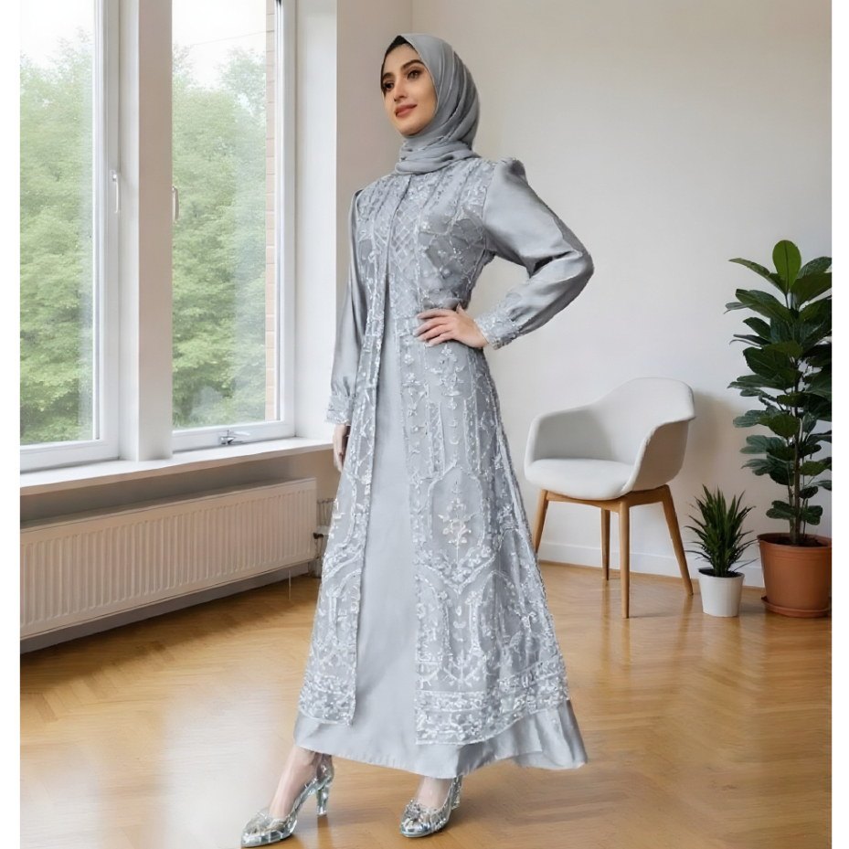 Gamis Pesta Brukat Mewah Busui Satin Premium