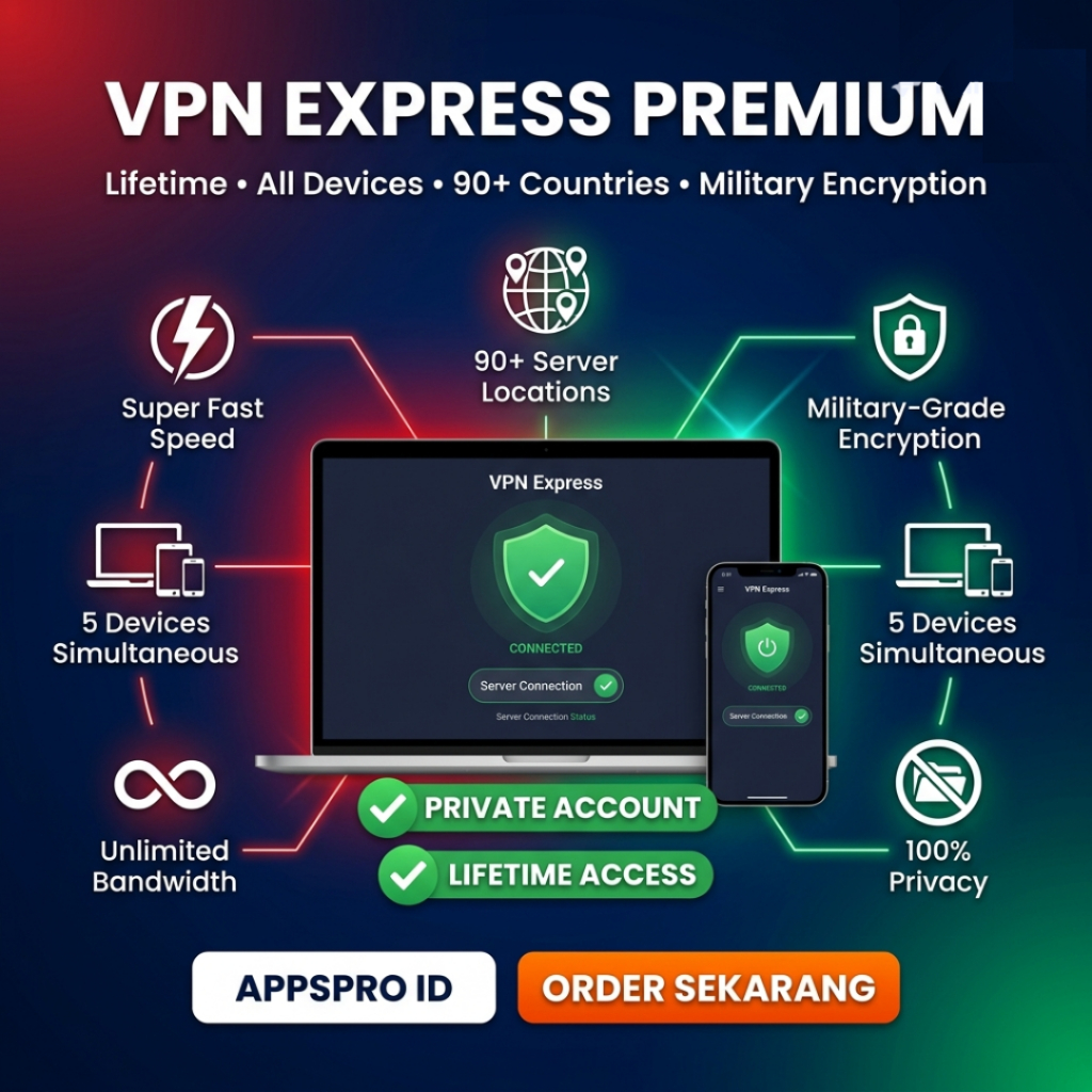 VPN Express Premium Lifetime | 90+ Server Negara | All Device | Fast & Secure | appspro.id