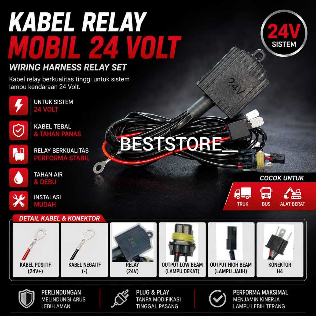 BullAES Kabel Relay Mobil 24 Volt untuk 2 Lampu H4 dengan Tegangan Aki 24V