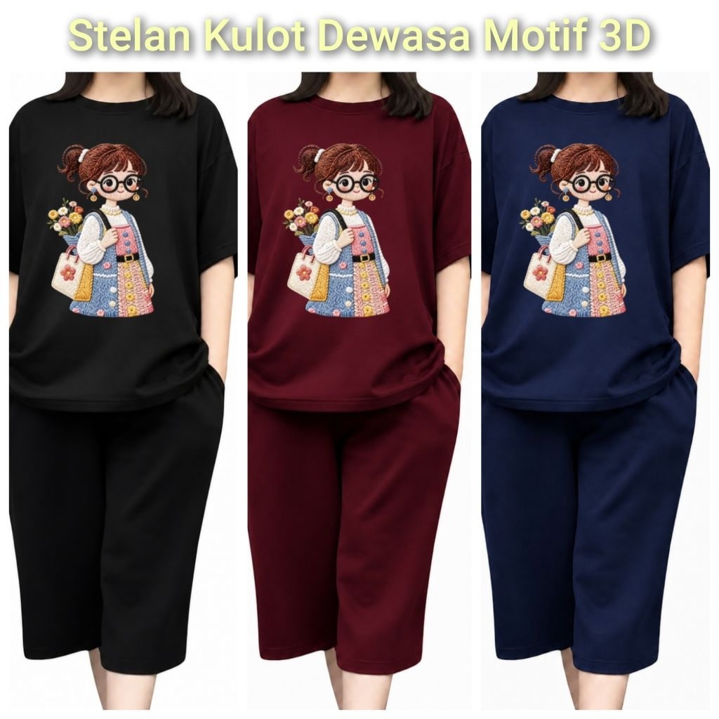 Stelan Kulot Dewasa Wanita Motif 3D Premium | Setelan Santai Casual Jumbo | Baju Rumahan Modis dan N