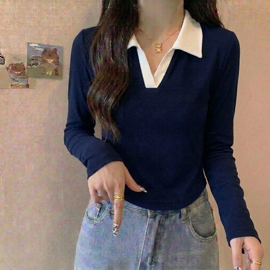 Kaos Polo Lengan Panjang /Shirt Wanita/Crop Top Polos/Kaos Wanita/T-shirt Kerah Polos//Kaos Crop Top