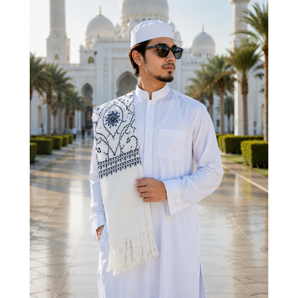 sorban | Imamah | Rida Motif Kashmiri Putih Multifungsi dan cap H.Rohman