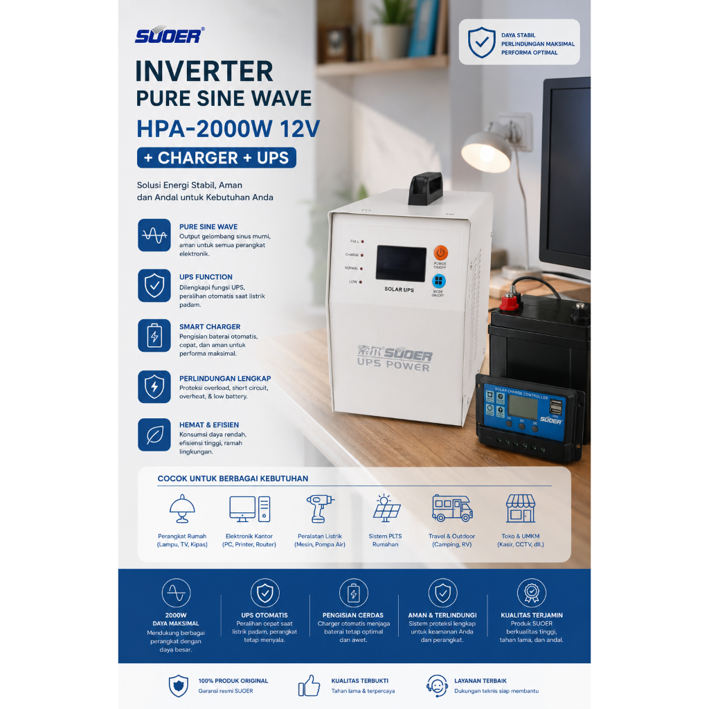 Inverter pure sine wave HPA-2000W 12V suoer + charger + ups