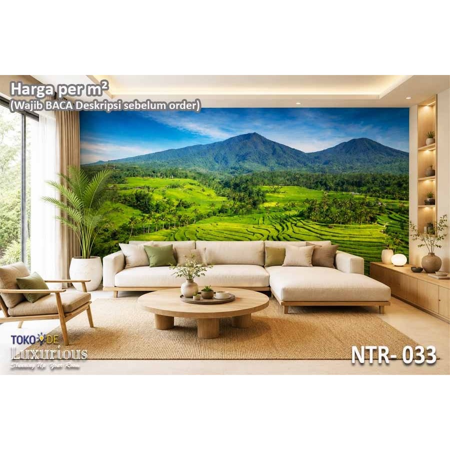 Wallpaper 3D Custom Dinding Pemandangan Alam Pegunungan Sawah Hijau Langit Pedesaan Panen Padi