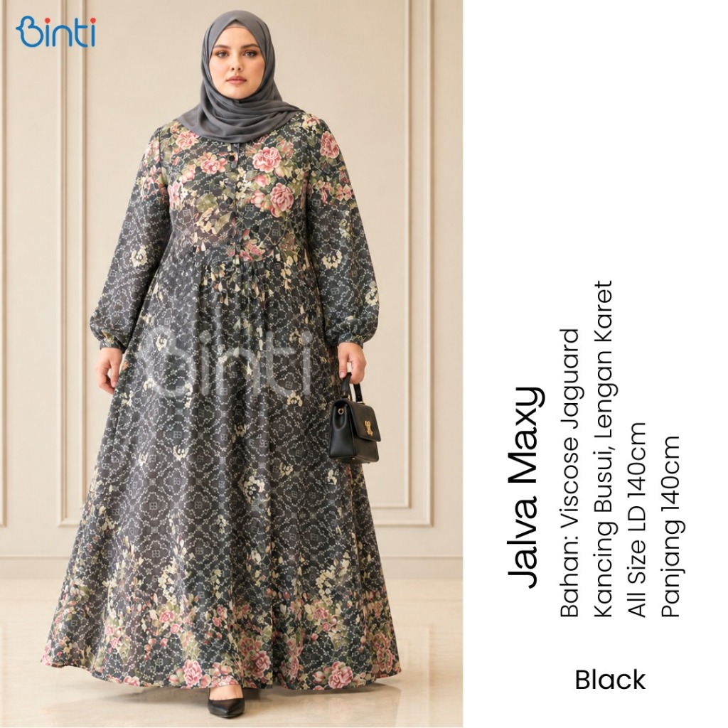 binti gamis jumbo wanita kekinian ld 140 jalva maxy motif bunga mat viscose jaguard