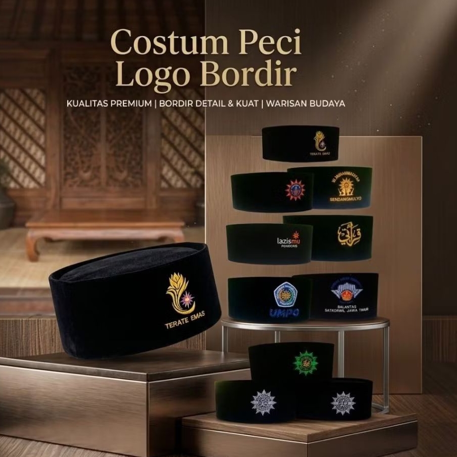 Peci Songkok Hitam Costum Logo Majelis Pesantren Madrasah Sekolah Organisasi Dll