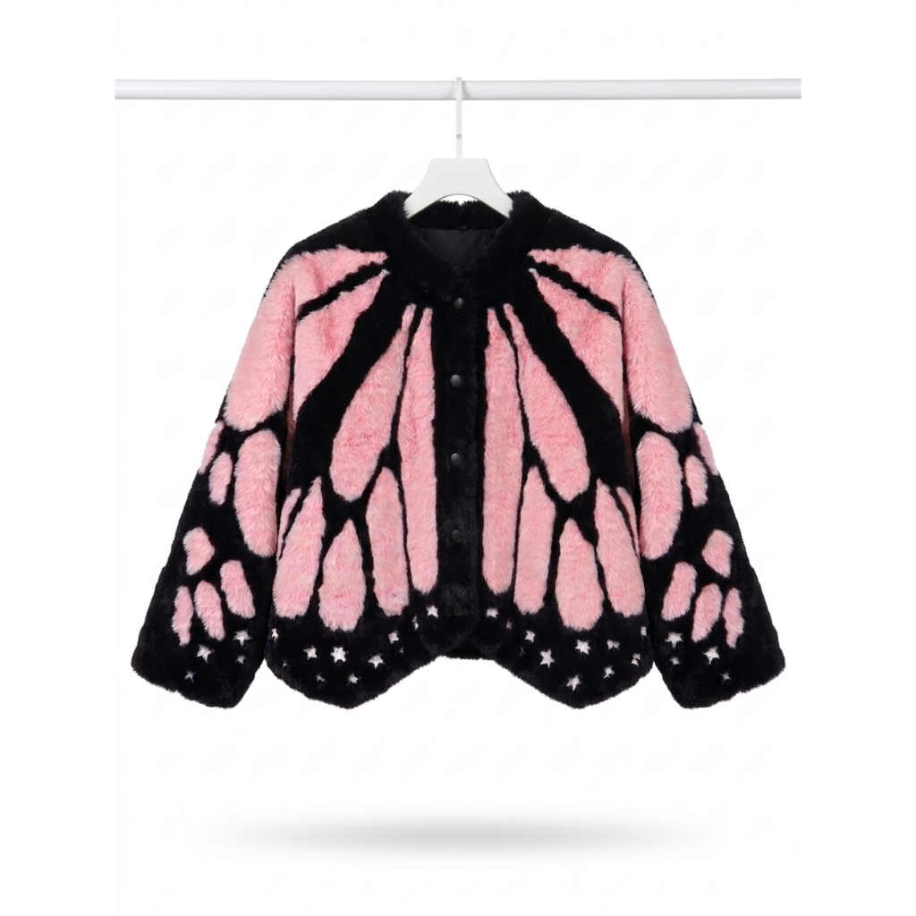 Jaket Bulu Butterfly Aesthetic Korea Lembut Tebal Fur Jacket Wanita Jaket Kupu-kupu / Cardigan Bulu 