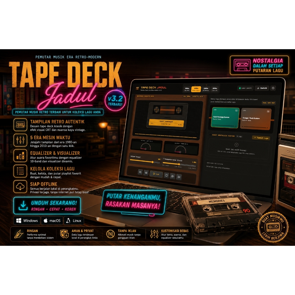 Aplikasi Tape Deck Jadul v3.2 – Rasakan Kembali Sensasi Musik Era Kaset & Vinyl di Komputer Anda