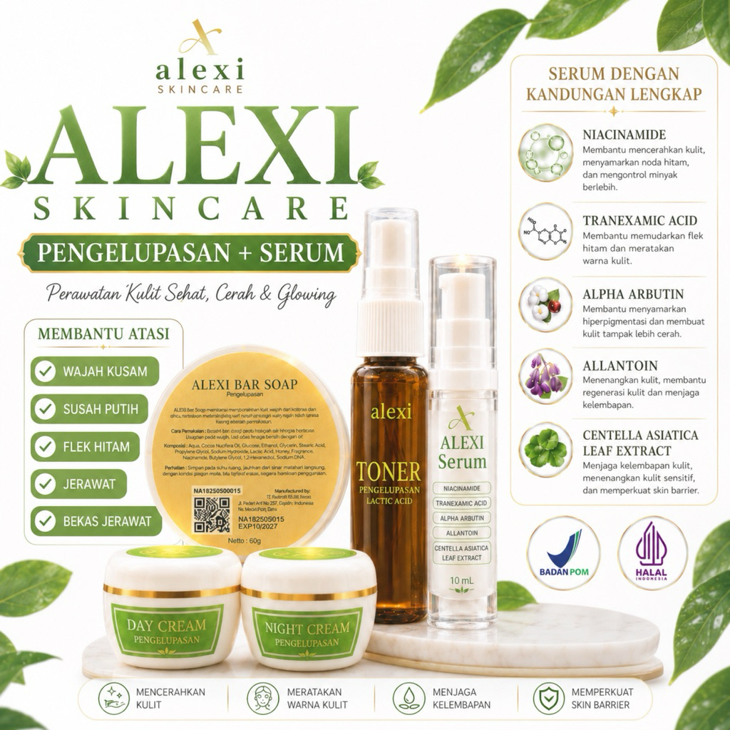 ALEXI SKINCARE | PAKET + SERUM membuat Wajah Glowing Cerah Putih Bebas Flek Jerawat Dark Spot Acne K