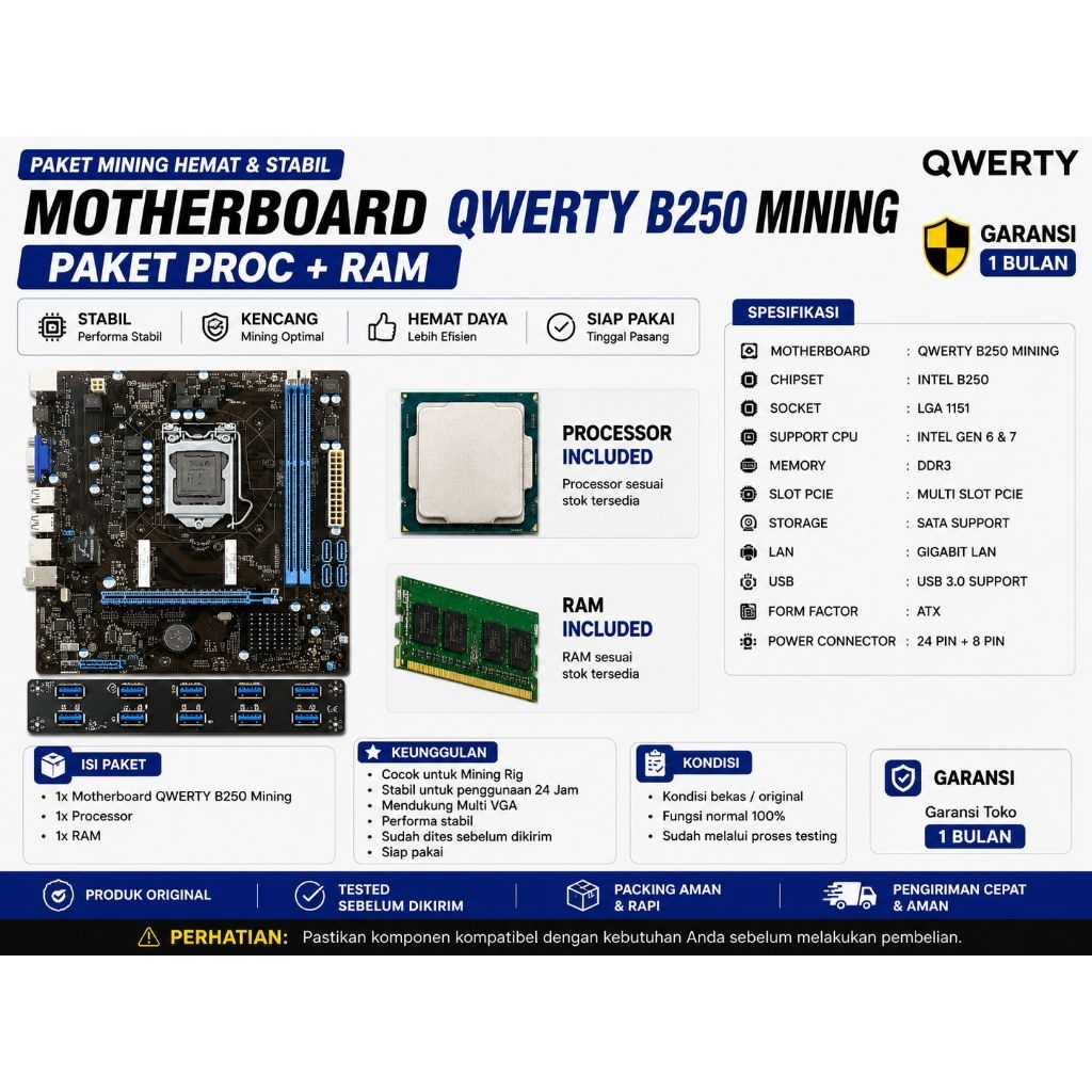 MOTHERBOARD QWERTY B250 MINING PAKET PROC + RAM