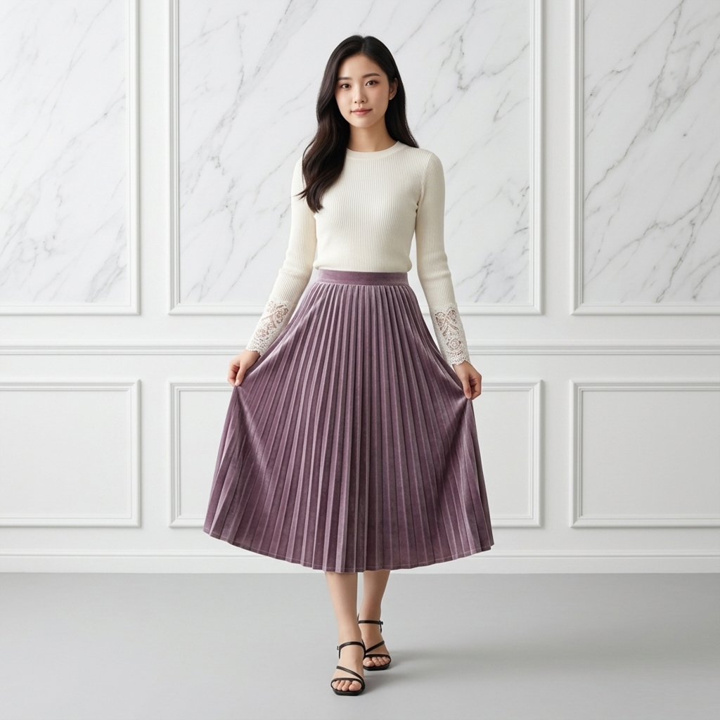 Rok Plisket Beludru 7/8 Mengkilap Rok Velvet Midi Karet Warna Lengkap